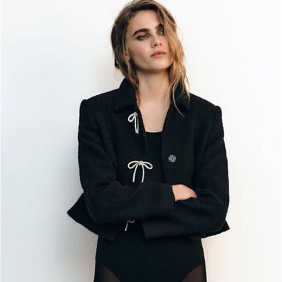 ZARA BOW BUTTON TEXTURED JACKET - Picture 3 of 6